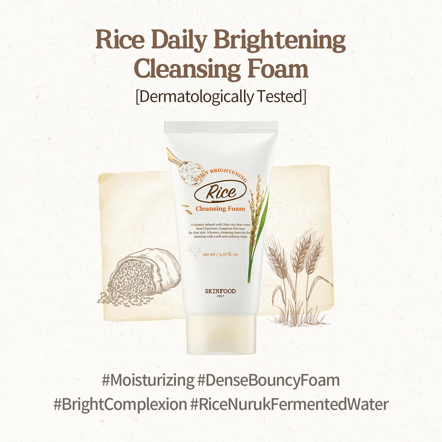 SKINFOOD Rice Daily Cleansing Foam 150ml - Delicate, Fine, and Smooth Brightening Cleansing with Fermented White Rice Ingredients - Firming Bubble Facial Foam Cleanser - For Men and Women (5.07 fl. oz.)
