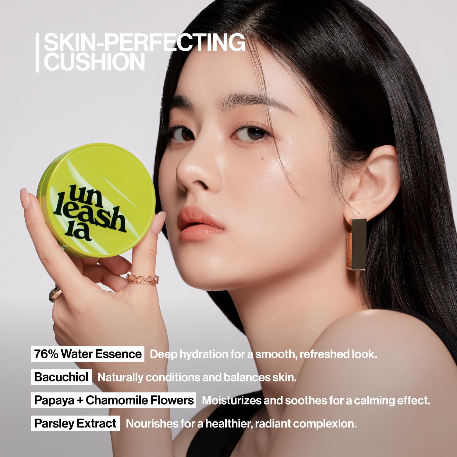 Unleashia Foundation Makeup Healthy-Green Cushion - 15g, Lightweight Buildable Coverage, Vegan, Natural Satin Finish(27W)