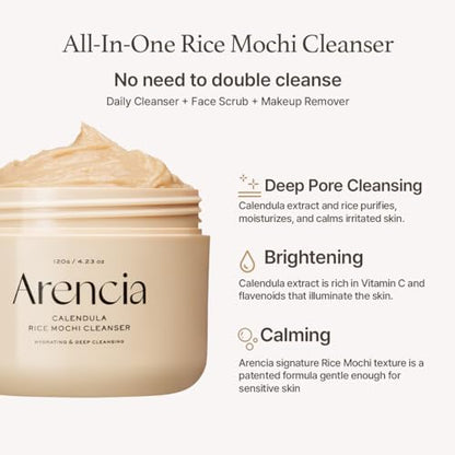 Korean Rice Mochi Face Cleanser - Face Wash, Gentle Scrub All in One for Deep Cleansing, Moisturizing, Pore Minimizing, Acne-Prone Skin, Removing Blackhead with Rice Water &amp; Green Tea