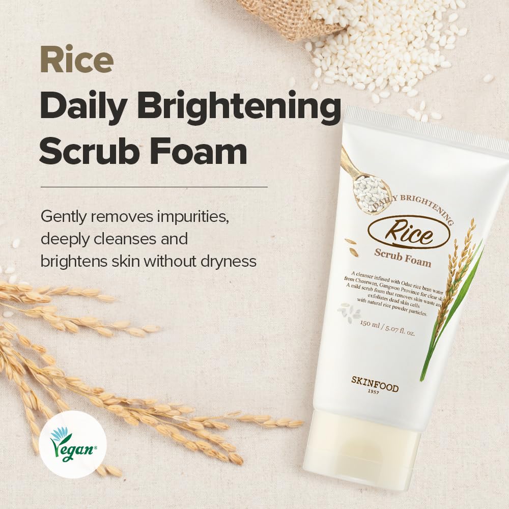SKINFOOD Rice Daily Scrub Foam, Facial Cleanser with Face Scurb, Face Wash Fermented White Rice Bran Water, Gentle Exfoliating For Men and Women (150ml, 5.07 fl. oz.)