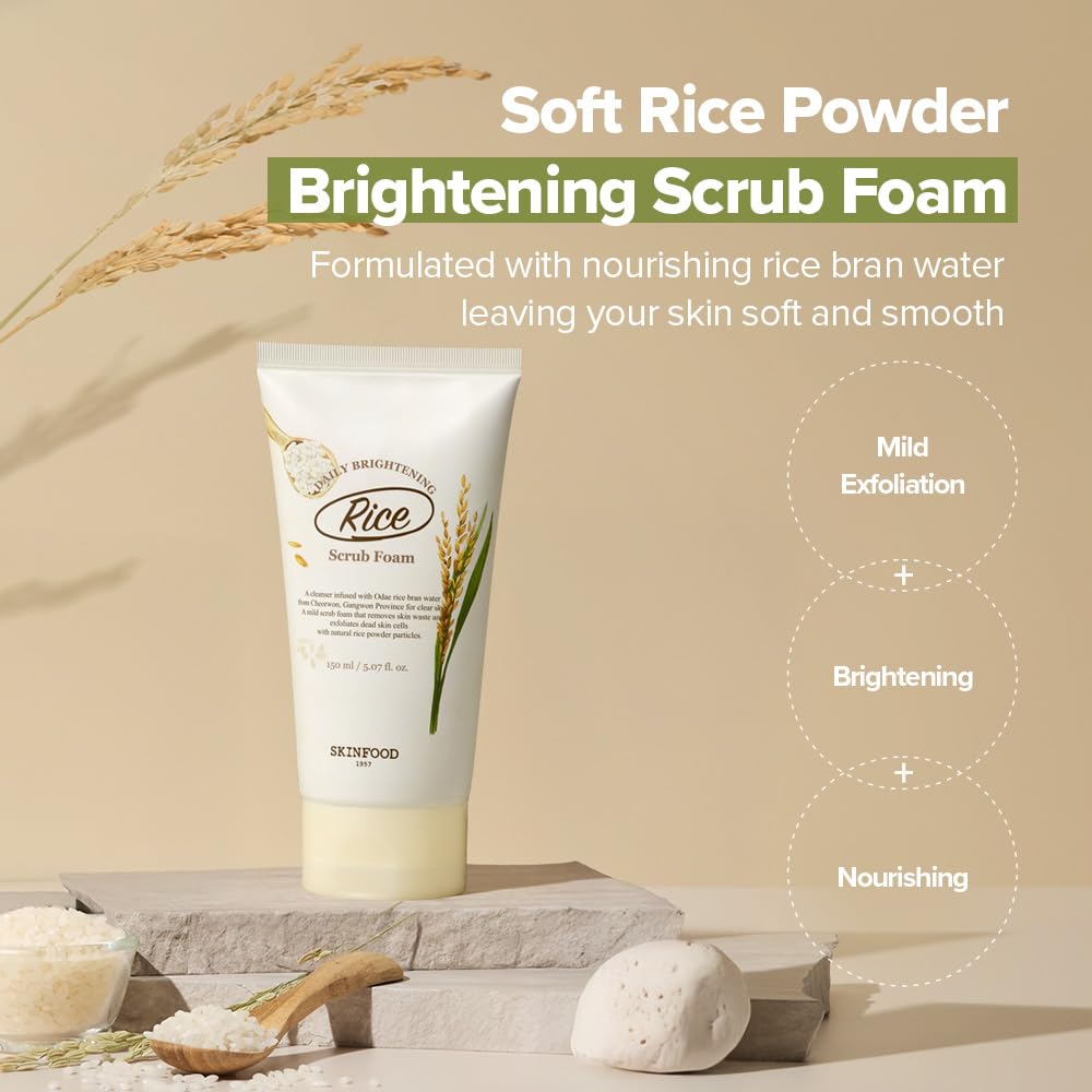 SKINFOOD Rice Daily Scrub Foam, Facial Cleanser with Face Scurb, Face Wash Fermented White Rice Bran Water, Gentle Exfoliating For Men and Women (150ml, 5.07 fl. oz.)