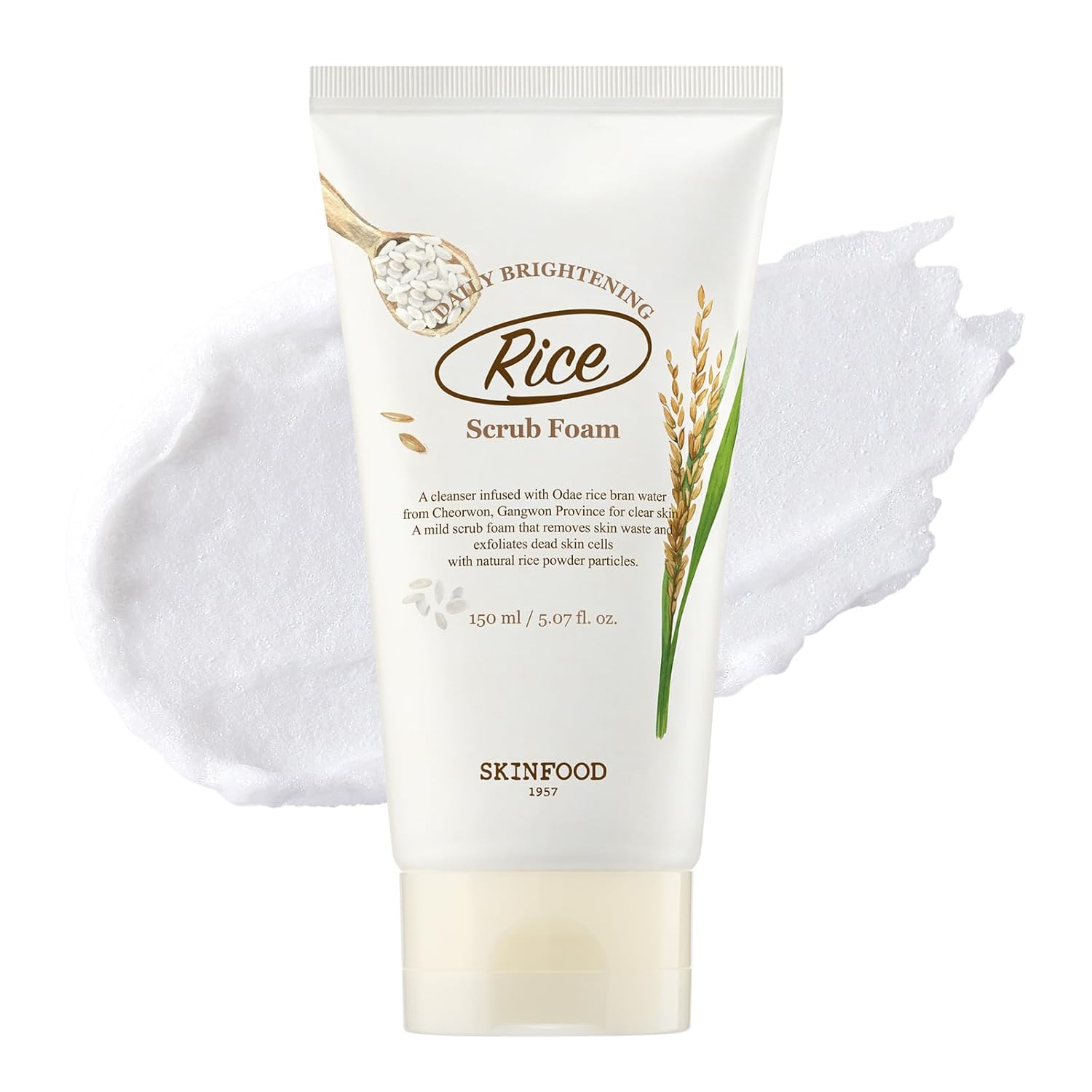 SKINFOOD Rice Daily Scrub Foam, Facial Cleanser with Face Scurb, Face Wash Fermented White Rice Bran Water, Gentle Exfoliating For Men and Women (150ml, 5.07 fl. oz.)