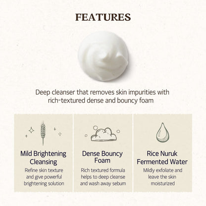 SKINFOOD Rice Daily Cleansing Foam 150ml - Delicate, Fine, and Smooth Brightening Cleansing with Fermented White Rice Ingredients - Firming Bubble Facial Foam Cleanser - For Men and Women (5.07 fl. oz.)