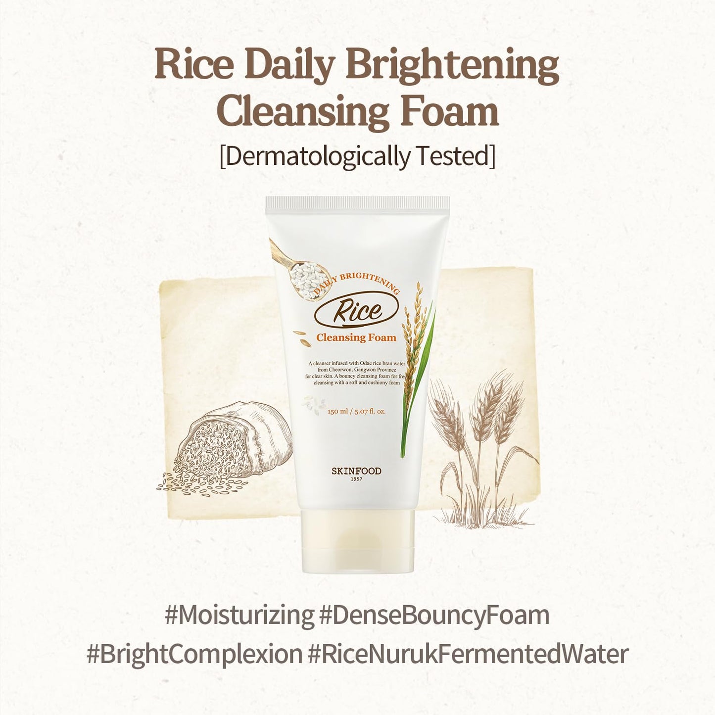 SKINFOOD Rice Daily Cleansing Foam 150ml - Delicate, Fine, and Smooth Brightening Cleansing with Fermented White Rice Ingredients - Firming Bubble Facial Foam Cleanser - For Men and Women (5.07 fl. oz.)