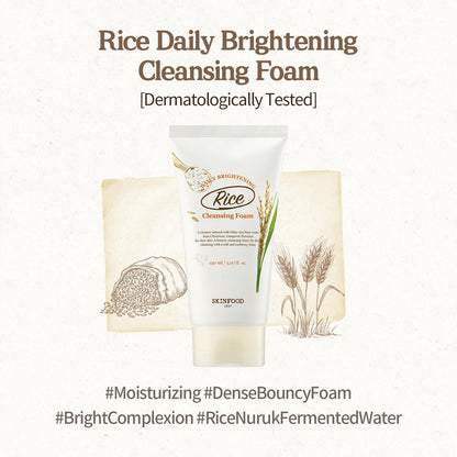 SKINFOOD Rice Daily Cleansing Foam 150ml - Delicate, Fine, and Smooth Brightening Cleansing with Fermented White Rice Ingredients - Firming Bubble Facial Foam Cleanser - For Men and Women (5.07 fl. oz.)